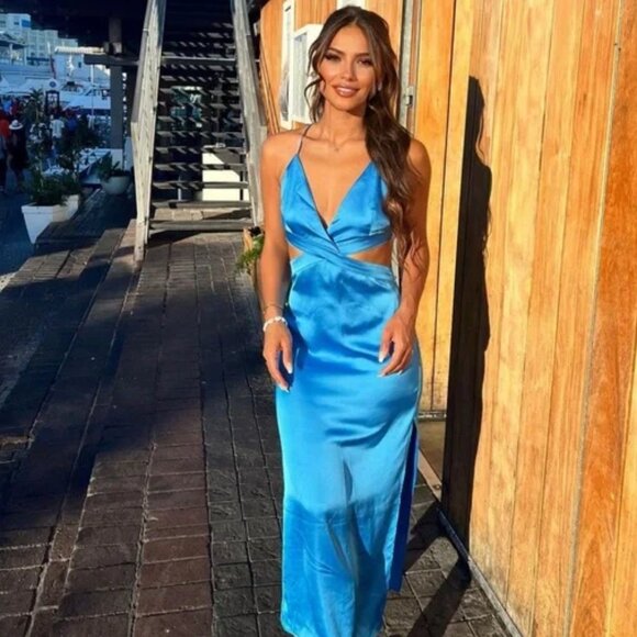Zara Dresses & Skirts - Zara Satin Effect Cut Out Maxi Dress Blue Bloggers Fav Size Small